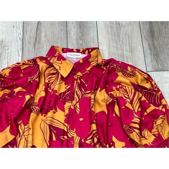 First Love hot pink and mustard floral blouse size S - Picture 2 of 12